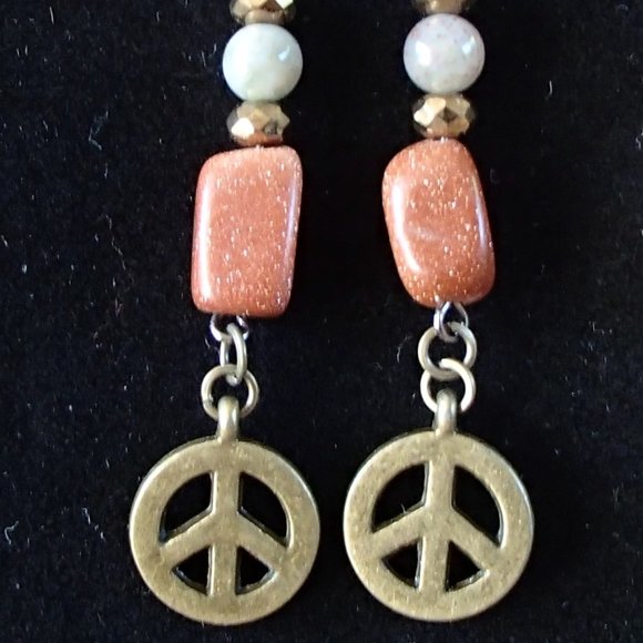 Speckled Goldstone Labradorite Gemstone Earrings Rondelle Spacers Brass Peace - Picture 9 of 13